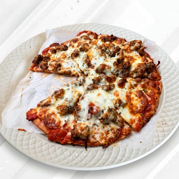 A delicious pizza with melted cheese and sausage toppings, served on a white plate with parchment paper.