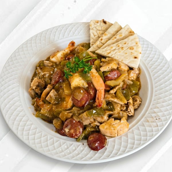 Gumbo with shrimp, chicken, sausage, and bell peppers, garnished with parsley and served with flatbread.