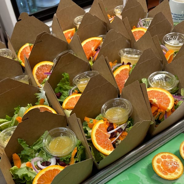 Multiple open cardboard boxes filled with fresh salads, orange slices, and dressing cups.