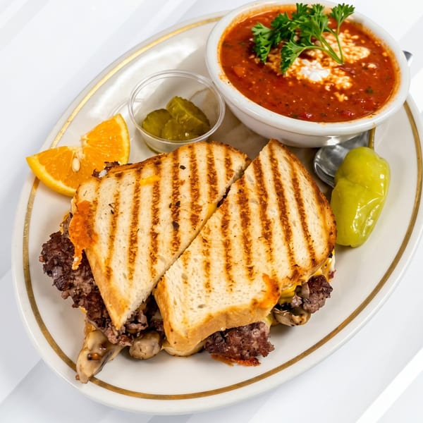 Grilled sandwich with meat and mushrooms, tomato soup, pickles, and orange slices on a white plate.